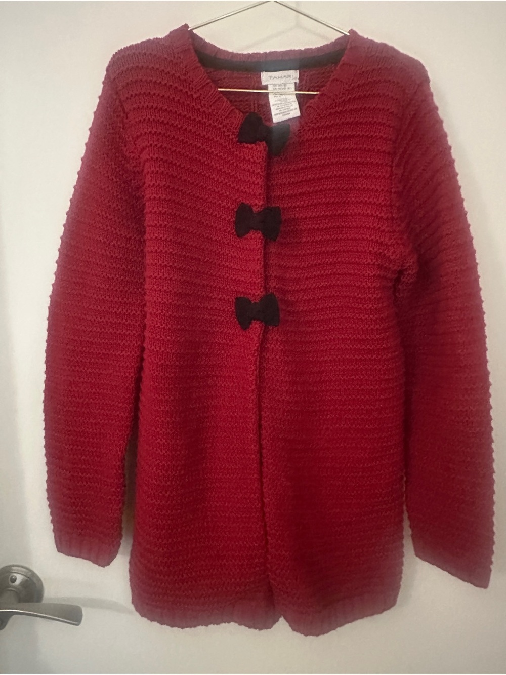 Tahari Girls Long Red Knit Cardigan Sweater/Jacket w/ Bow Snap Closures Size 7/8